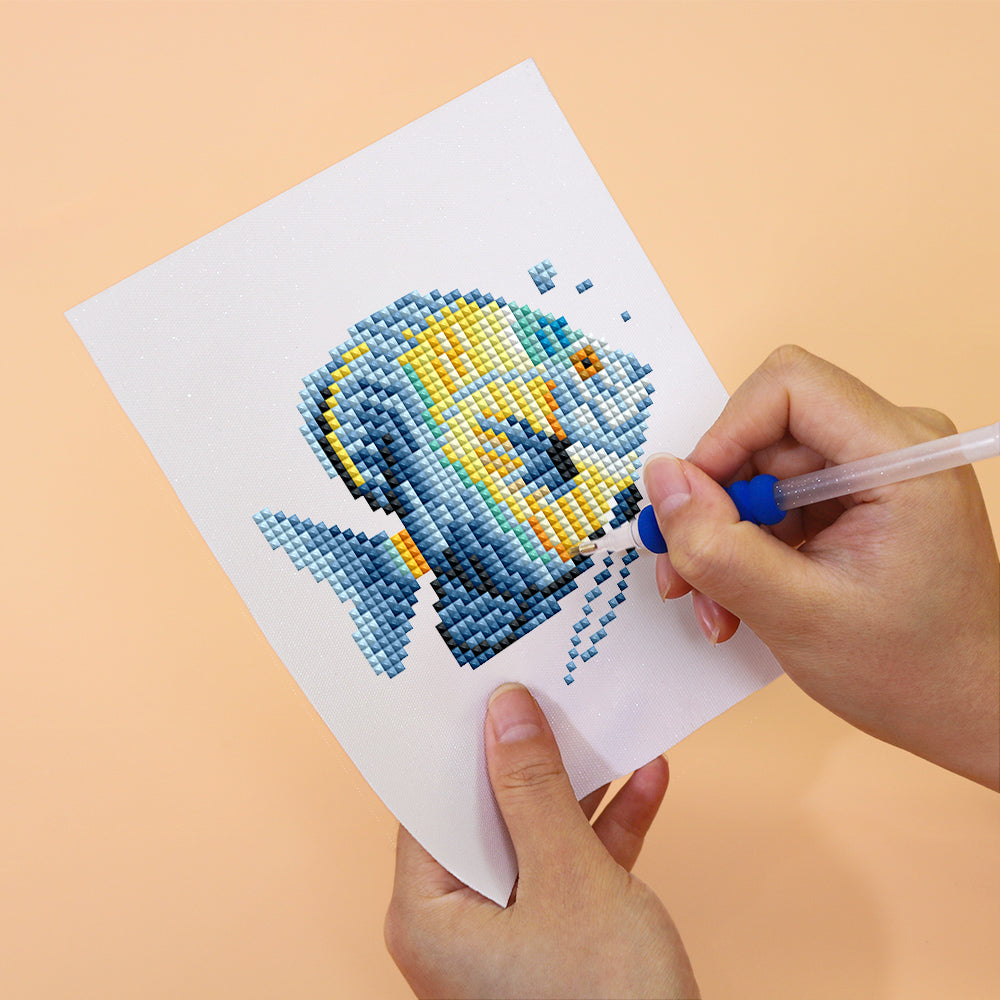 Close-up of sea fish diamond painting in progress. Soft canvas and detailed marine design from Ocean Whispers collection.easy DIY art set for sea lovers