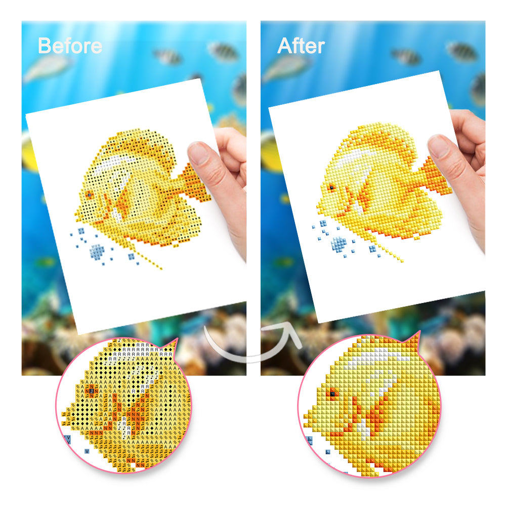 Two canvas pieces ：Before painting, the canvas is shiny and soft, with clear markings. After painting, the diamonds are vibrant and easy to use.  DIY activity with ocean magic.