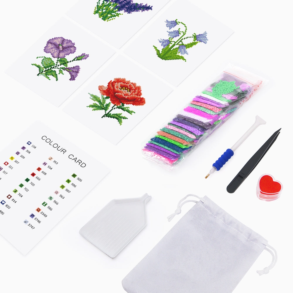 Complete flower diamond painting kit with drills, sticky pen, tray, glue, and color card – everything you need for relaxing craft