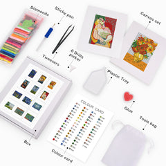Complete diamond painting kit with canvas set, drills, sticky pen, tweezers, glue, and color-coded guide – perfect for recreating famous artworks.