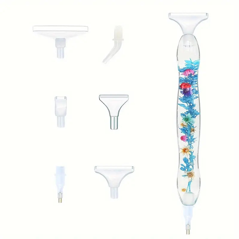 Diamond painting pen filled with pink flowers and 6 plastic tips – ideal for long, relaxing art sessions and beginners.