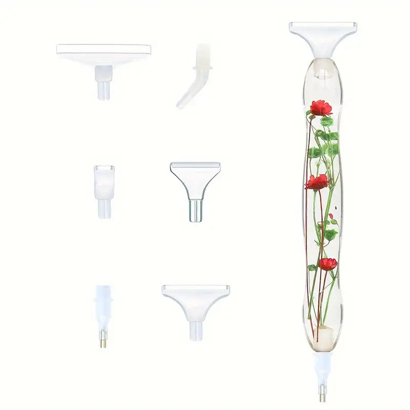 Diamond painting pen with red real flowers in resin, includes 6 plastic tips – perfect for focused DIY creators seeking beauty and precision.
