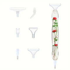 Diamond painting pen with red real flowers in resin, includes 6 plastic tips – perfect for focused DIY creators seeking beauty and precision.