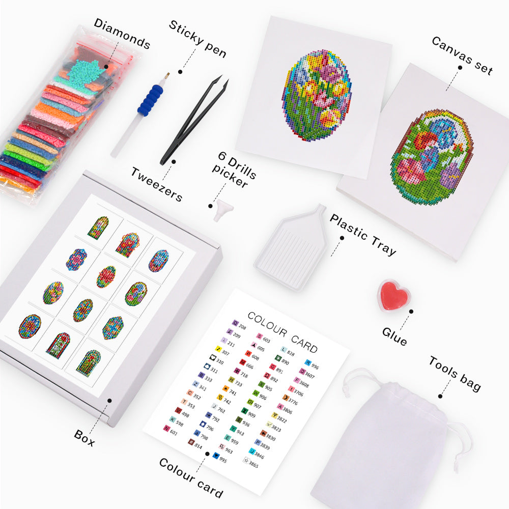 Top view of diamond painting starter kit with stained glass-themed canvases and full accessories. Easy DIY craft for beginners.