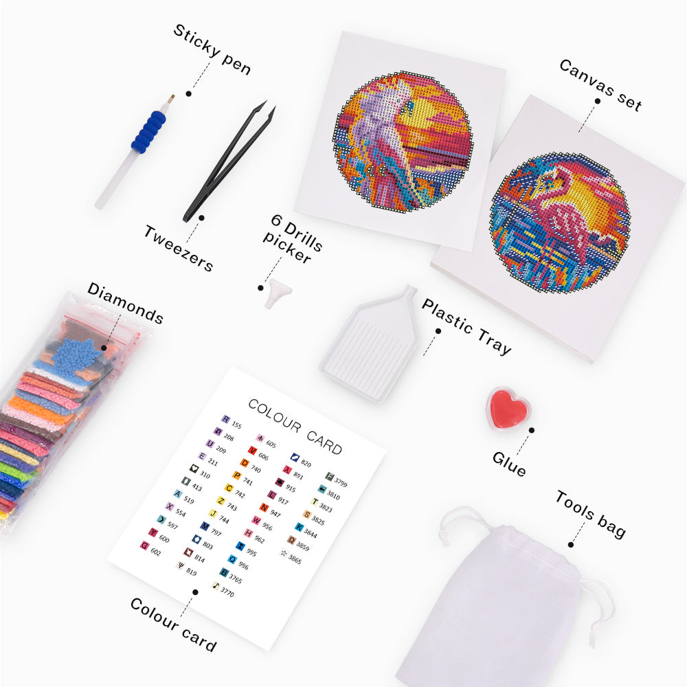 Close-up of tools and canvas from a mini diamond painting kit
