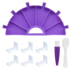 Diamond painting tray organizer tool kit with purple multi-slot drill tray, 6 white covers, spoon, and brush. Easy to carry, beginner-friendly yet perfect for professional diamond painters.
