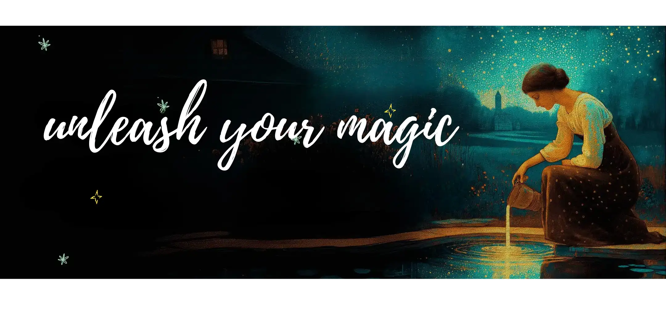 website banner of Diamond Painting Studio, featuring a mystical maiden inspired by the Tarot Star card, pouring sparkling water under a starlit sky. Symbolizing hope, inspiration, and the journey to inner peace with premium diamond painting kits and custom art options.