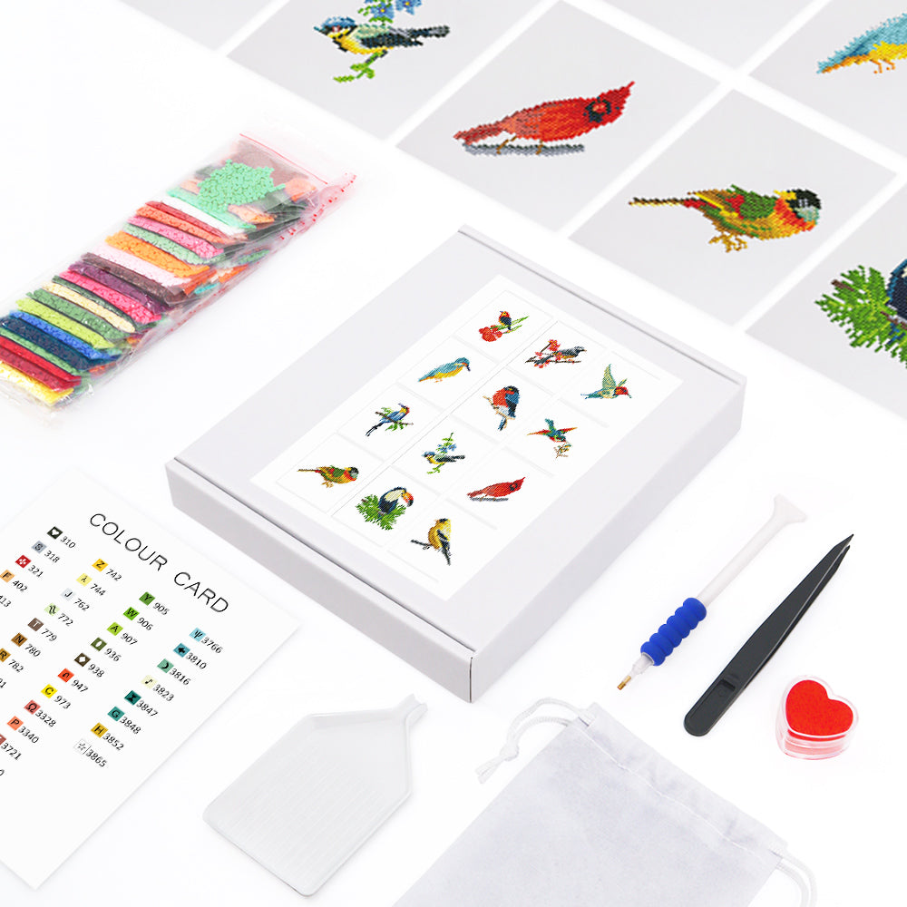 Complete kit includes drills, sticky pen, trays, canvas set, tweezers, color chart and bag.