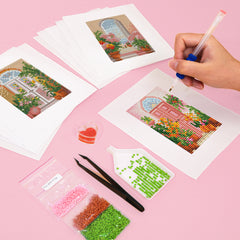 Hands placing resin drills on a floral window diamond painting canvas, showing step-by-step DIY process for beginners.