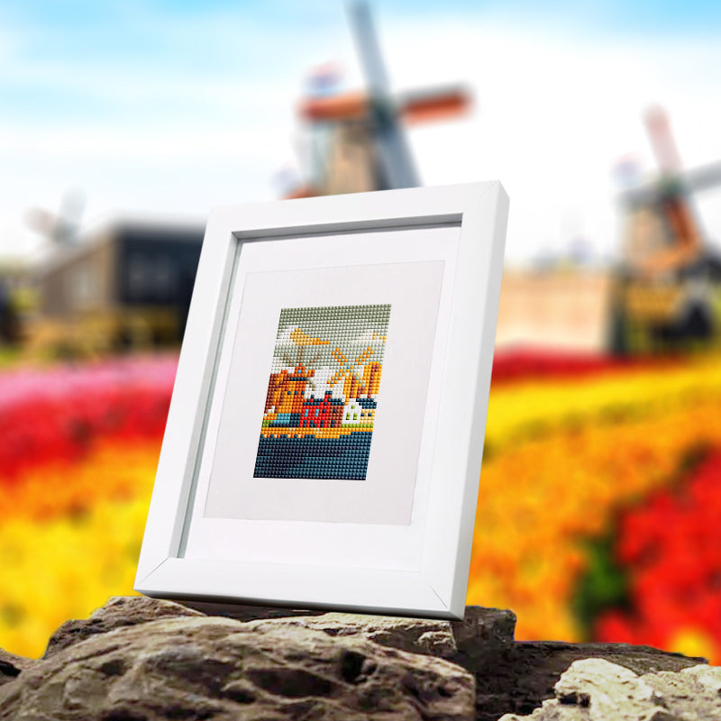 Mini diamond art of a Dutch windmill in tulip fields—perfect for spring-themed home décor or travel memories.
