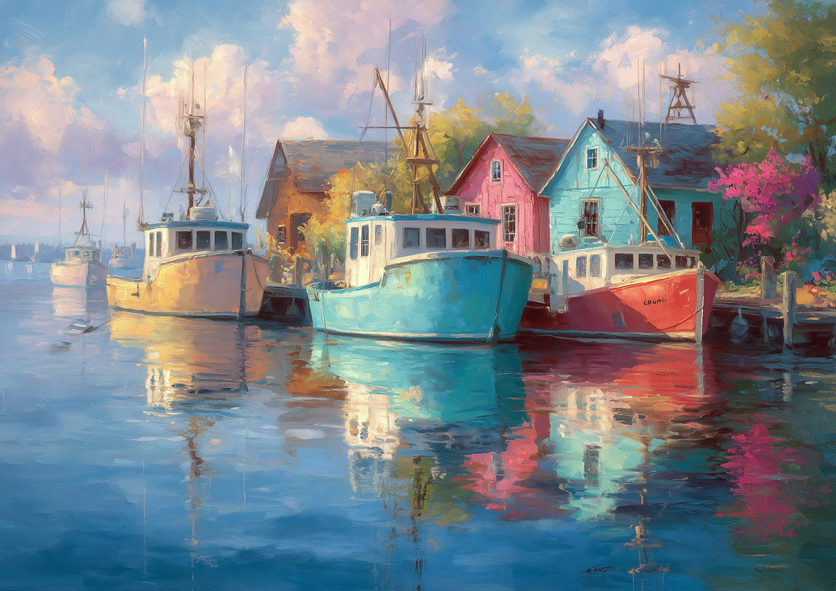 Peaceful Lakeside Cabin Reflection diamond painting kit featuring colorful cabins by the water and fishing boats reflected in the lake, part of the Nature Series and Large Canvas Collection. This DIY diamond art kit offers high-definition printing, premium resin drills, and a soft canvas designed for a mindful and calming crafting experience. Suitable for beginners and experienced crafters alike, it’s perfect for stress relief, mindful relaxation, and creative expression. The peaceful lakeside scene makes i