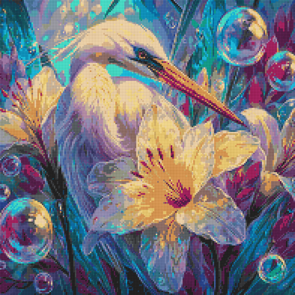 Preview of egret diamond art kit featuring pastel floral tones, iridescent lighting, and peaceful underwater details. 50x50cm canvas for DIY craft.