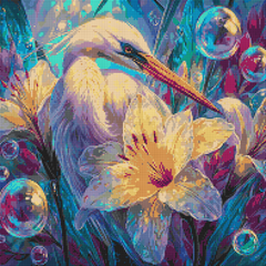 Preview of egret diamond art kit featuring pastel floral tones, iridescent lighting, and peaceful underwater details. 50x50cm canvas for DIY craft.
