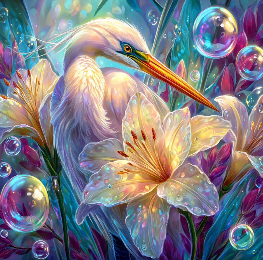 50x50cm diamond painting of a graceful egret standing on one leg amid glowing lilies and shimmering bubbles. Square resin drills on soft canvas.