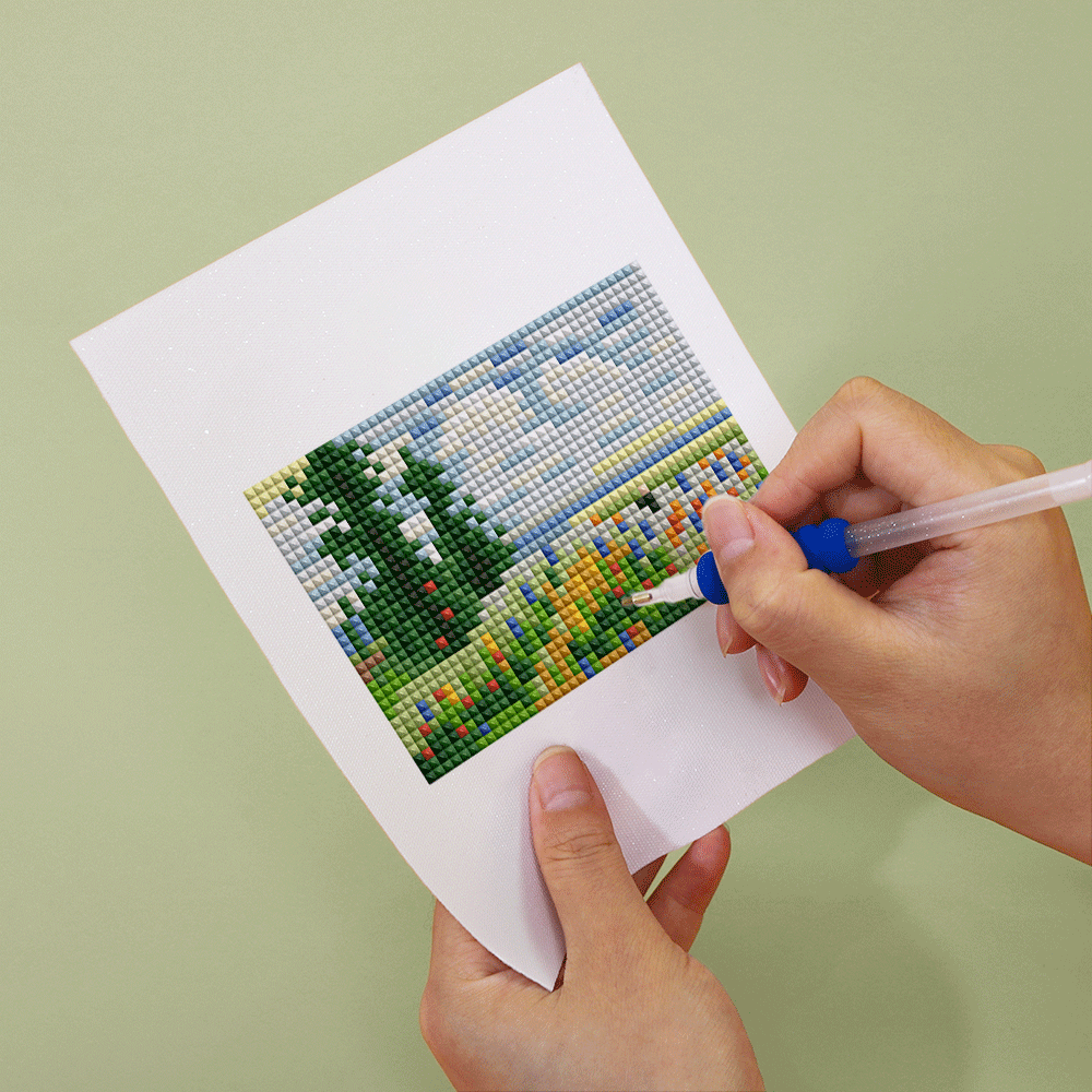 Zoom-in on mini Van Gogh diamond canvas being worked on – fine detail and soft canvas texture.