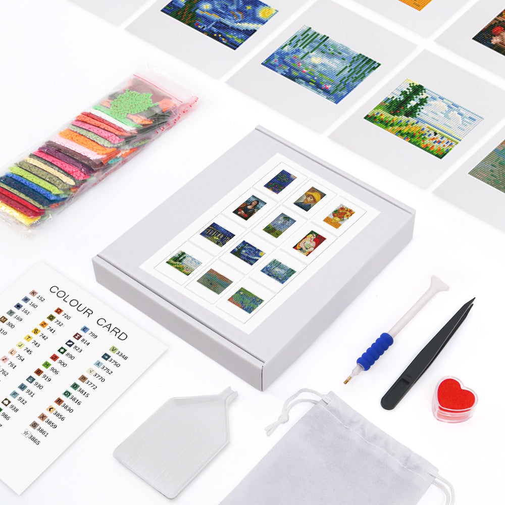 Complete diamond painting kit flatlay – drills, pen, tray, canvas, and guide sheet for every artwork.