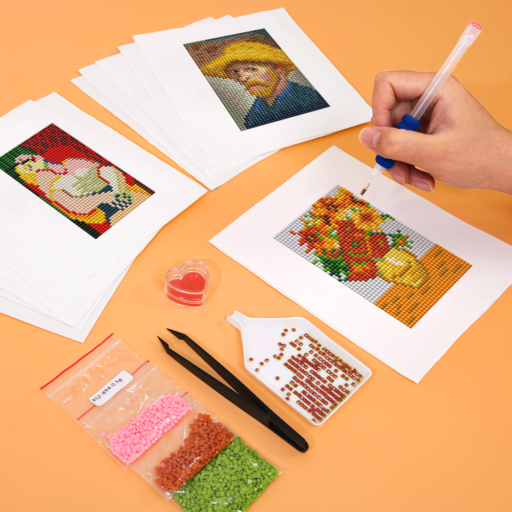 Hands placing drills on mini classic painting canvases – relaxing art activity for beginners and hobbyists.