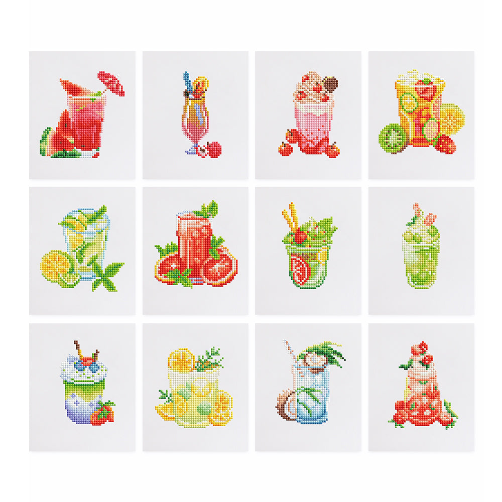 Mini diamond painting kit featuring 12 festive cocktail drink designs on soft canvas, perfect for beginners and party-themed DIY decor.
