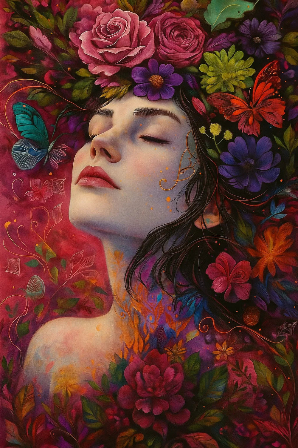 40x60cm diamond painting kit of serene woman with auburn hair and blooming roses. Square resin drills, soft canvas—perfect for floral wall decor and self-care crafting.