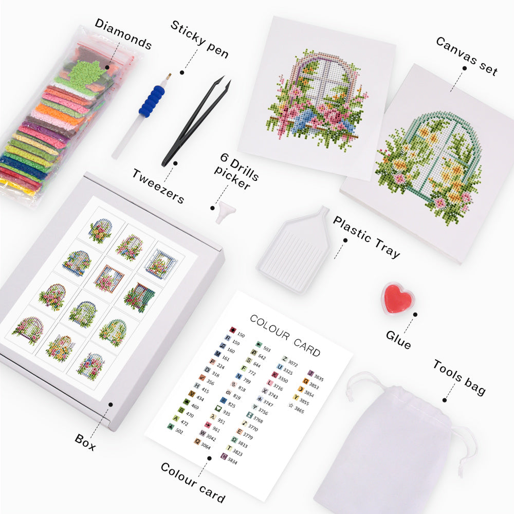 Flatlay of floral window diamond painting kit with packaging, color card, and accessories.Complete tools, perfect for beginners.