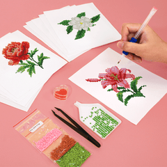 Hands working on flower diamond painting canvas with sticky pen – relaxing DIY moment for craft lovers.