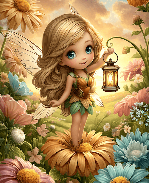 40x50cm Flower Fairy diamond painting kit—enchanting girl with lantern glows among flowers. Square resin drills and soft canvas for whimsical DIY decor.