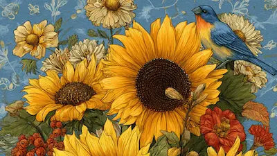 The bright flower diamond painting kit features a lovely bird among sunny sunflowers. This design represents warmth, love, and the joy of nature. It is great for floral gem art fans. It is also perfect for diamond painting lovers and beginners.