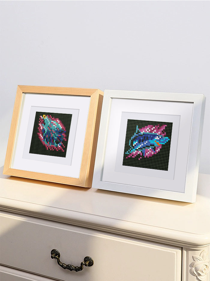 Small Framed futuristic animal diamond painting kit displayed on a white dresser, ideal for gifting or creative décor.