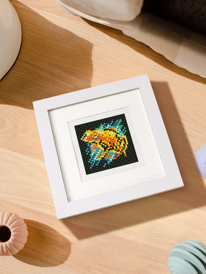 Framed animal diamond art placed on a soft surface with cozy lighting, ideal for home display or gifts.