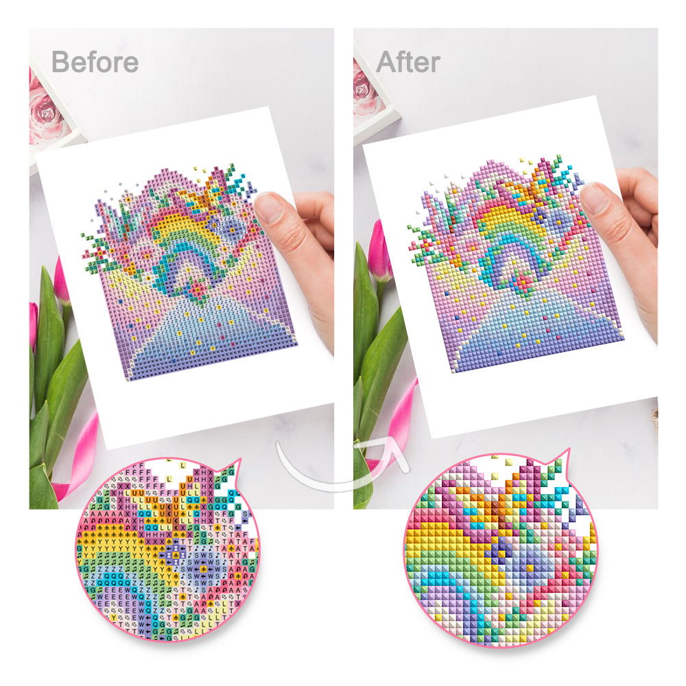 Finished rainbow-themed mini diamond painting framed for home decor. Sparkling resin drills and detailed canvas ideal for beginners and gift ideas.