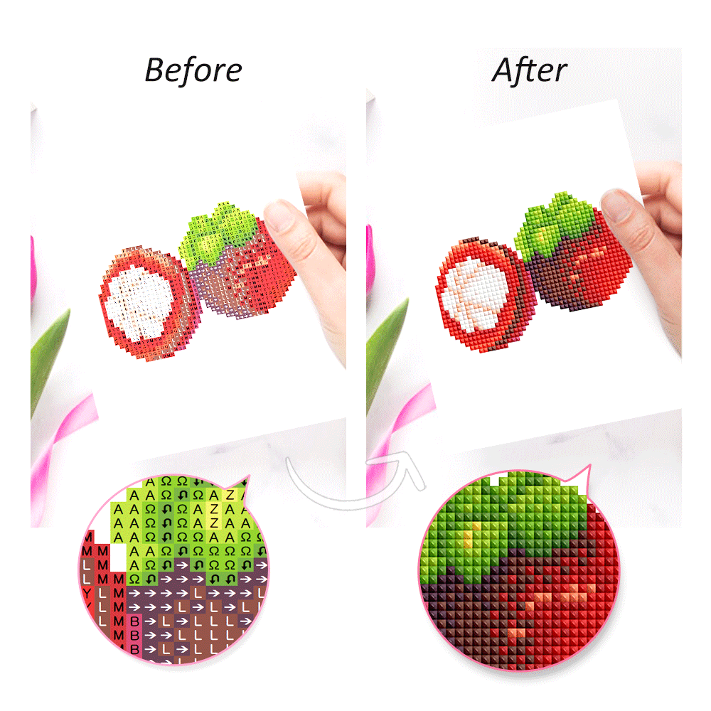 Before and after comparison of fruity diamond painting canvas with zoomed details, showcasing precision and high-quality resin diamonds.
