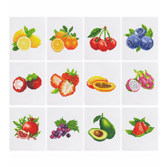 Overview of 9 fruity diamond painting designs, perfect for summer vibes and home decoration, great for beginners and gift-giving.