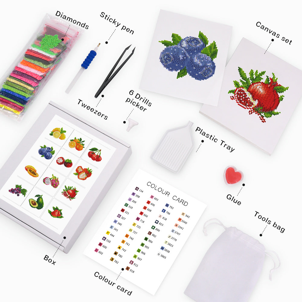 Close-up of diamond painting tools and fruit canvases – includes color card, sticky pen, tweezers, and resin diamonds for a smooth creative process.

