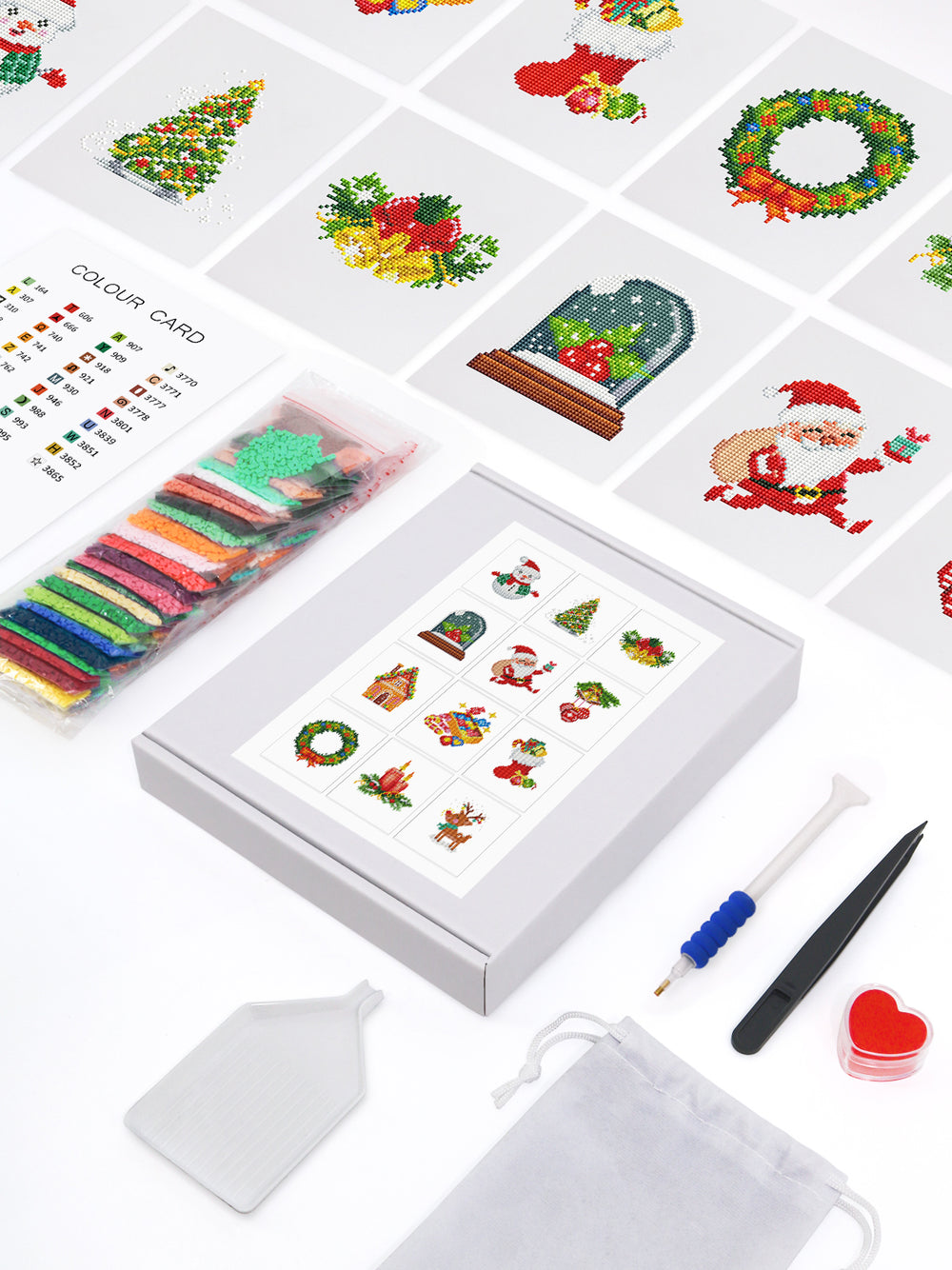 Full kit view of Christmas ornament mini diamond painting set with labeled canvas and vibrant drills. Ideal for mindful winter crafting sessions.