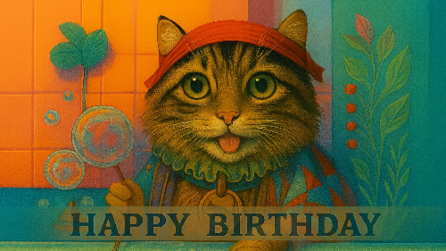 Funny diamond painting kit collection，shows a happy cat celebrating its birthday. The cat wears a colorful bandana and sticks out its tongue. Quirky and humorous animal painting art for adults.