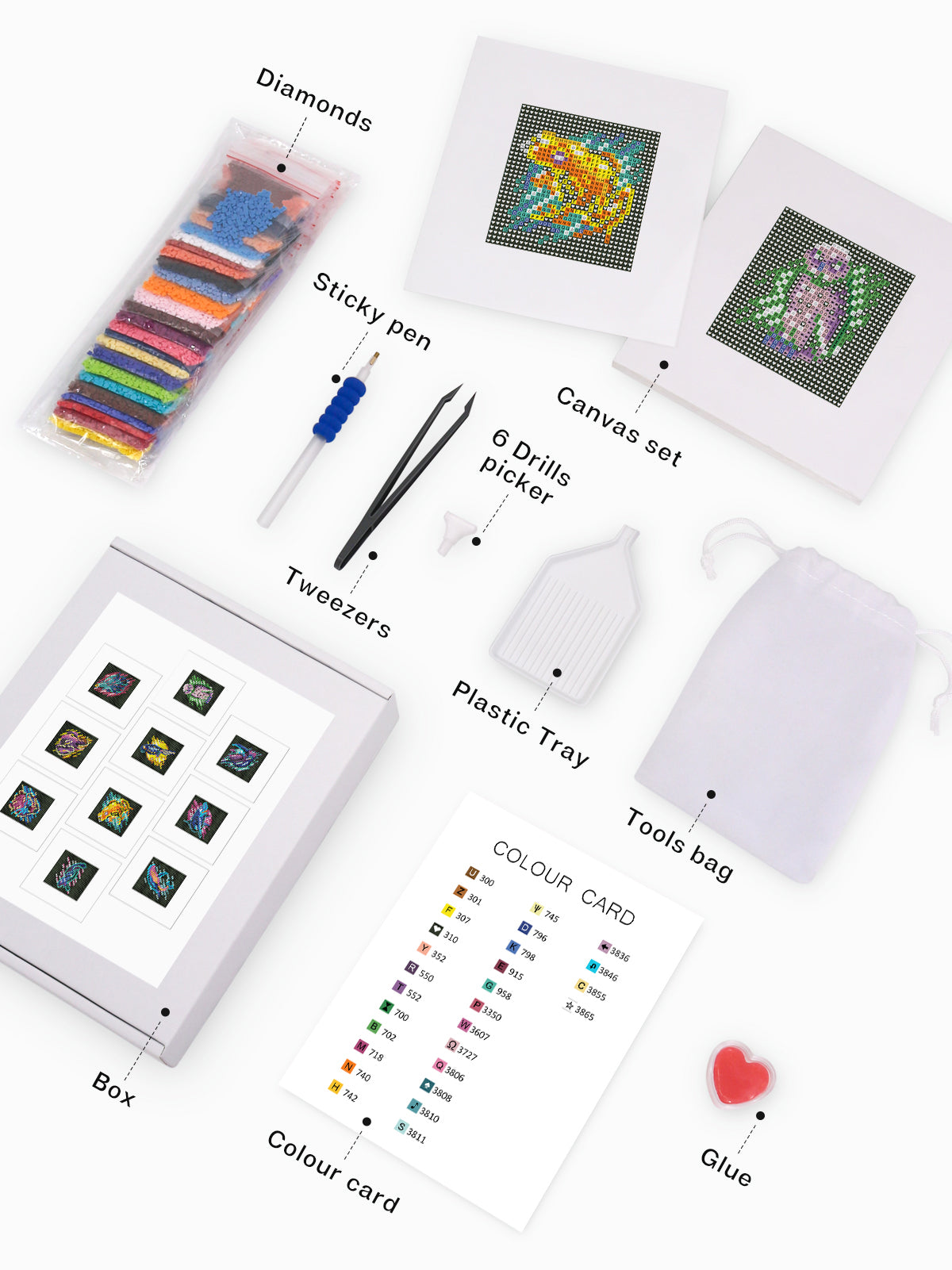 Organized flat lay of full diamond painting tools for futuristic mini animal designs, perfect for beginners.
