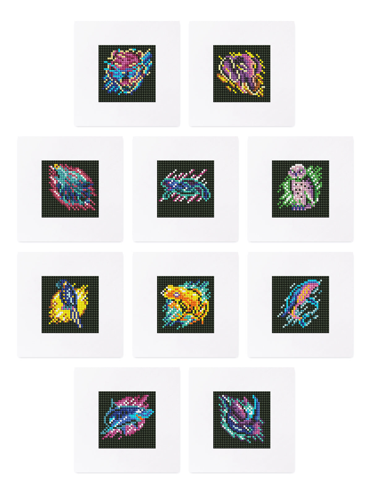 A grid display of 12 futuristic animal diamond paintings, perfect for sci-fi and DIY art lovers. Ideal as a creative mini home décor.
