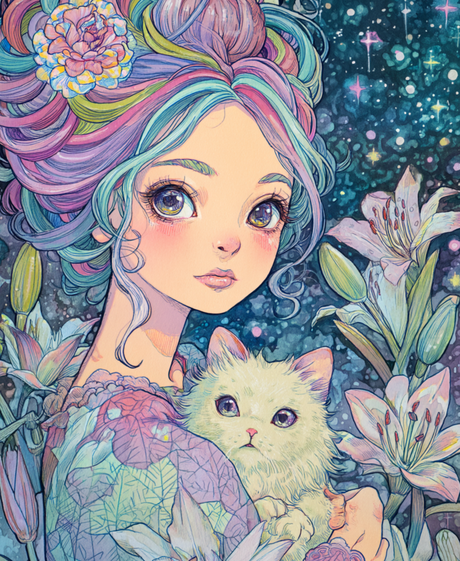 50x60cm diamond painting kit featuring a purple-haired girl holding a white cat under a starry indigo sky with blooming florals. Square resin drills on soft canvas.