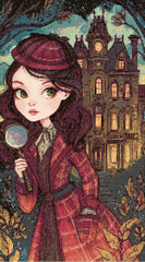 Preview of girl detective diamond art kit, 40x60cm square drill canvas. Explore hidden stories with a mysterious castle backdrop and magnifying glass detail.