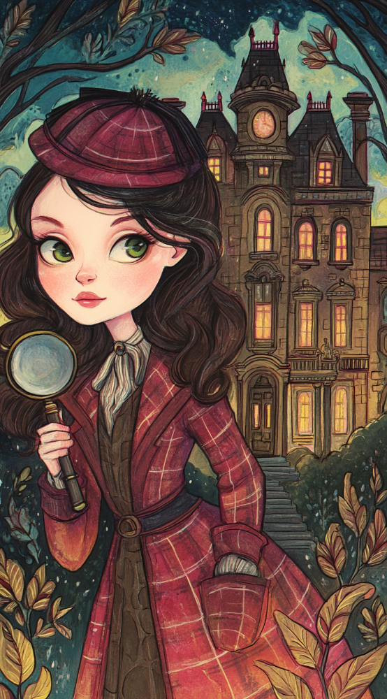 40x60cm Girl Sherlock Holmes diamond painting kit—detective girl in red plaid investigates a castle under moonlight. Square resin drills on soft canvas for DIY mystery lovers.