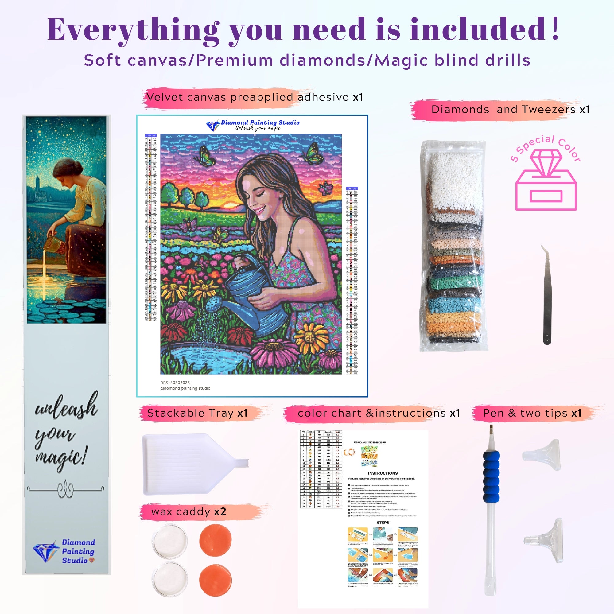 Diamond painting kit featuring a girl in a flower garden scene, includes canvas, resin drills, tool set, wax, and tray—perfect for creative relaxation.