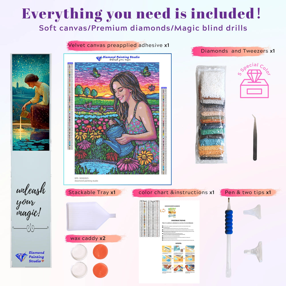 Diamond painting kit featuring a girl in a flower garden scene, includes canvas, resin drills, tool set, wax, and tray—perfect for creative relaxation.