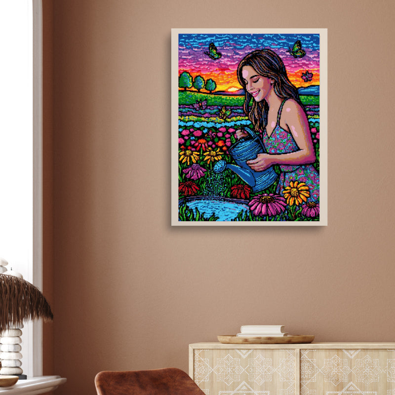 Framed diamond painting of a girl watering flowers in a colorful garden, displayed in a cozy room as cheerful and vibrant wall decor.