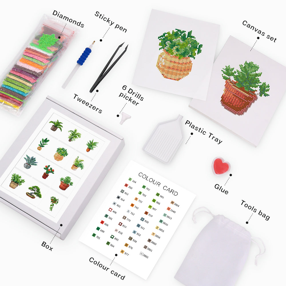 Complete green plant diamond painting kit – includes canvas, resin drills, pen, tray, and color guide.