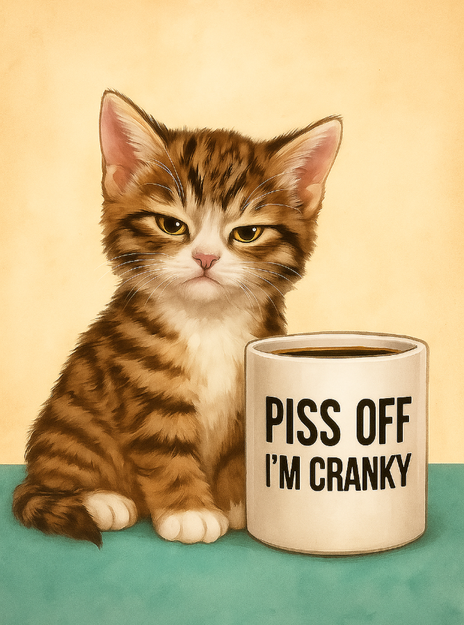 30x40cm diamond painting kit with grumpy tabby cat beside a mug saying “PISS OFF I’M CRANKY”. Square resin drills and soft canvas for funny DIY art.