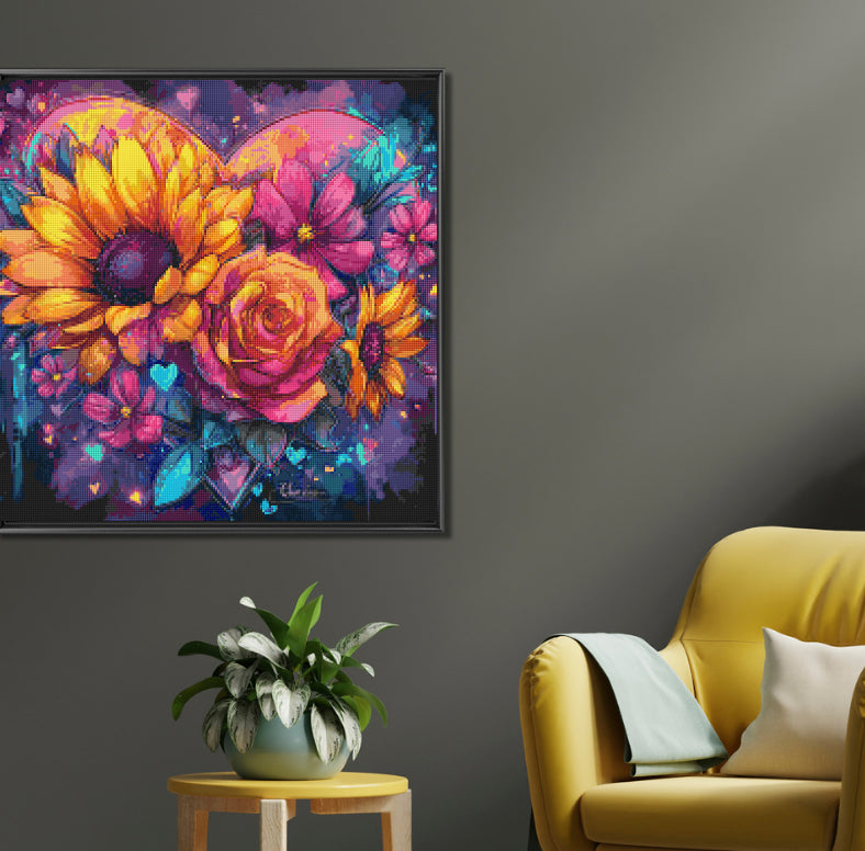 Framed heart flower diamond painting art on a rustic wood wall – a romantic DIY art display from the Romantic Bloom collection.