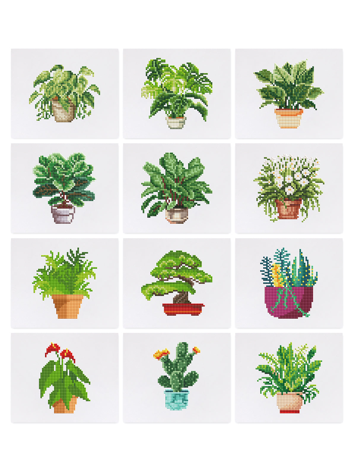 All 12 botanical mini canvas cards laid out in one frame — each plant design is unique and perfect for diamond painting home decor.
