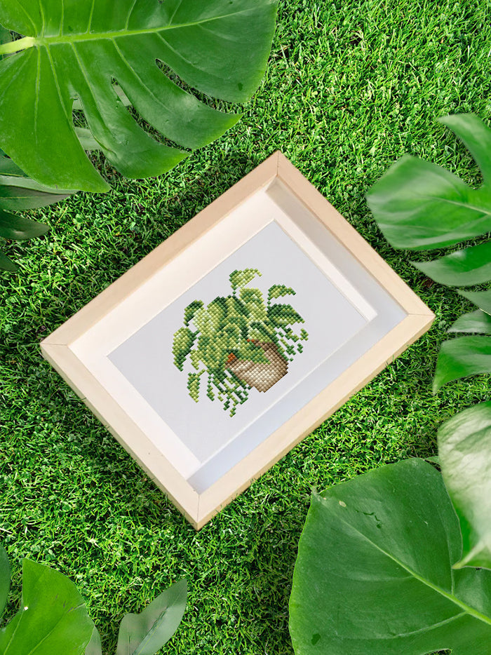 A single finished plant canvas displayed in a wooden frame on green grass, highlighting the botanical charm of diamond painting mini kits.
