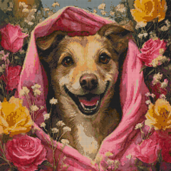 Preview of 50x50cm floral dog diamond painting kit with square resin drills. Joyful and cozy DIY art for pet-themed interiors.