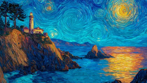 Large diamond painting kit shows a calm lighthouse on a rocky coast by a big ocean. A sunset reflects in the water, and a starry sky adds to the scene. This image symbolizes hope and peace. Perfect for big wall art.